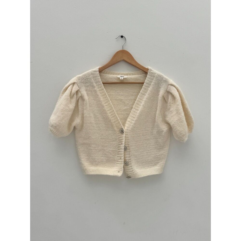 Beivy Cropped Puff Sleeve Cardigan - Cream - Rhinestone Flower Buttons - Size L